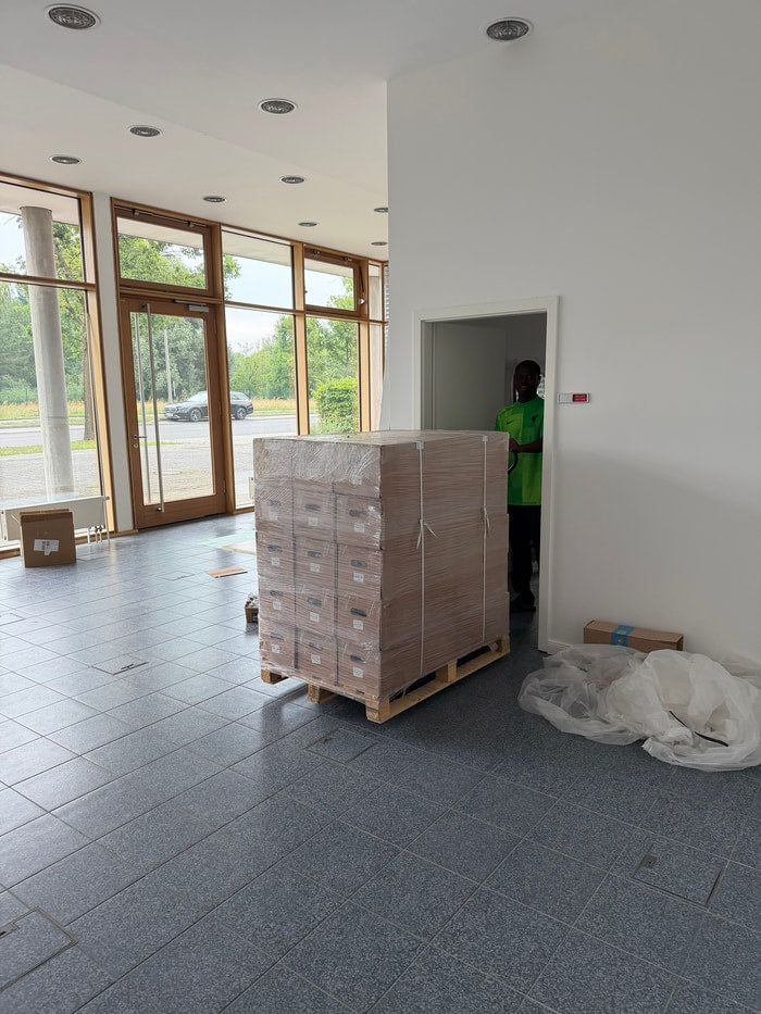 The first side panels for 50 Office Walkers in the workshop